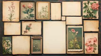  Vintage botanical collage with aged paper, floral illustrations, and antique aesthetic design