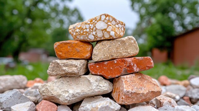 Balanced stack of colorful stones and bricks stands on a gravel ground with a blurred green background during daytime.