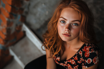 Fototapeta premium Chica con pelo rojo y pecas, pose sentada sobre un fondo desgastado y áspero, ángulo alto.