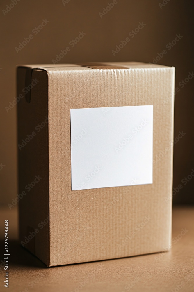 Aufkleber cardboard box with white empty label standing on table
