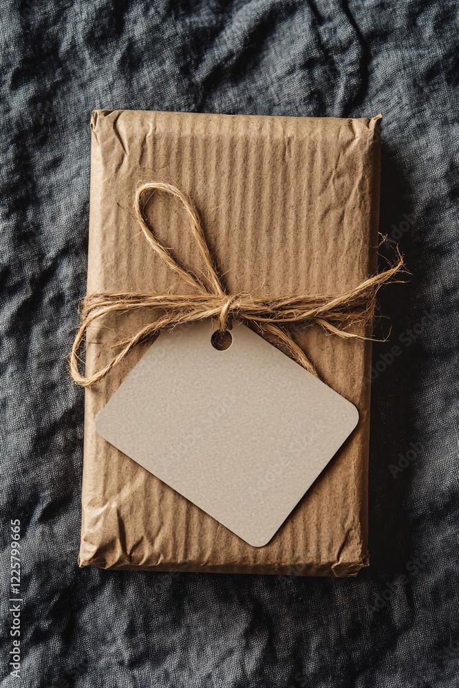 Poster gift box wrapped in brown paper and tied with string sitting on fabric with blank gift tag