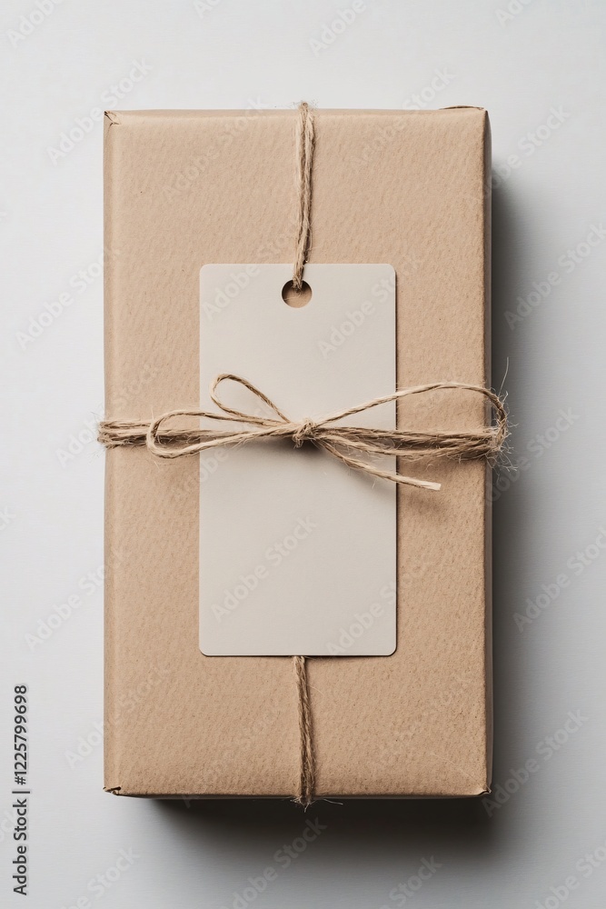 Poster Rectangular cardboard gift box wrapped with brown paper and tied with string with blank gift tag