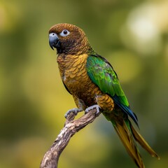 Obraz premium Vibrant Parrot on Branch, A striking parrot perched elegantly on a branch, showcasing rich colors and intricate feather patterns in soft daylight.