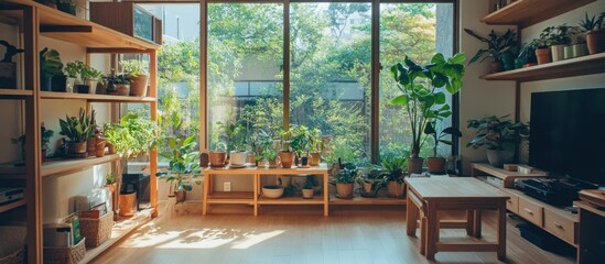 Sunlit Living Room with Abundant Indoor Plants and a Tranquil Atmosphere