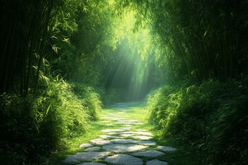 Enchanting Serenity: Tranquil Journey through a Sunlit Bamboo Grove, Nature's Embrace Filled with Greenery and Light