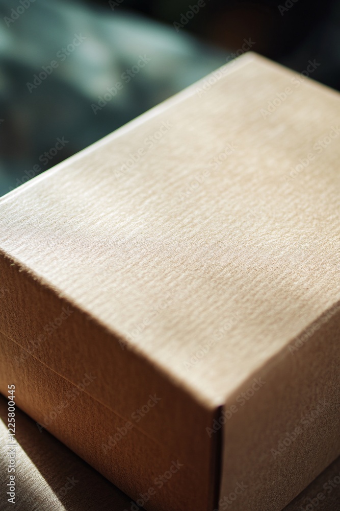 Poster cardboard box standing on table is being illuminated by sunlight coming through window