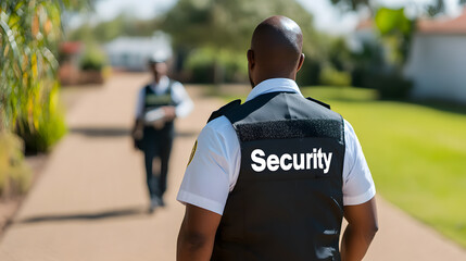 A security officer wearing a high-visibility vest with the word 'Security' displayed, symbolizing protection, vigilance, and safety enforcement