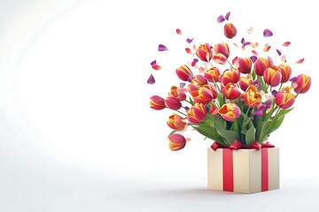A festive and lively array of tulips bursting from a gift box, as if in celebration, against a pure white background.
