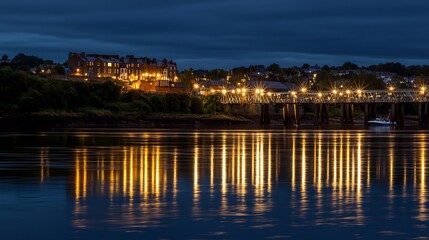 Illuminated bridge and buildings reflected in the tranquil river at night