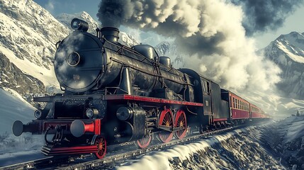 Obraz premium Vintage steam train traverses snow covered mountainous landscape with billowing smoke