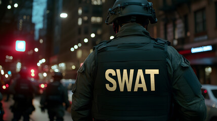 Side-back close-up view of a male SWAT team officer, showcasing tactical gear, readiness, and a sense of duty in a high-stakes environment