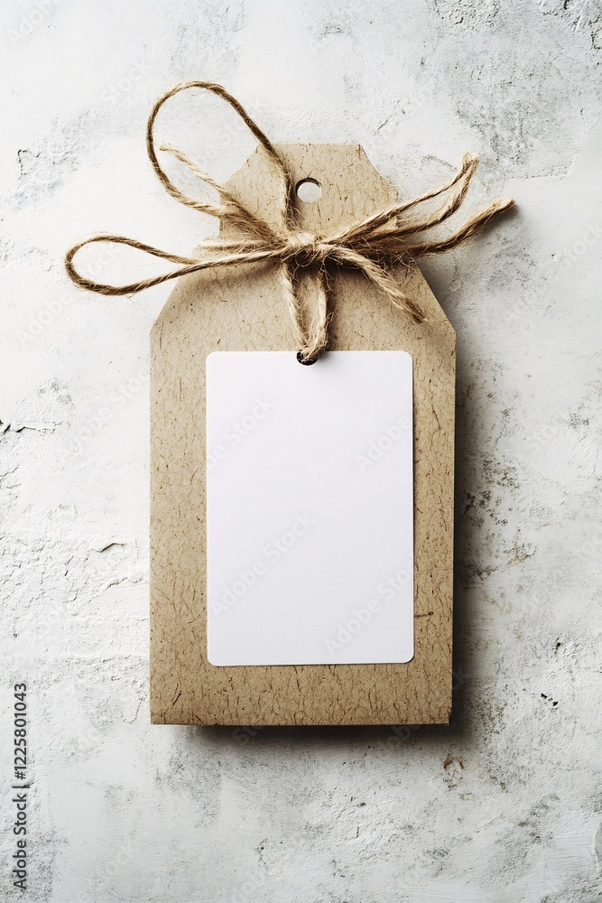 Poster blank gift tag tied with string lying on a white background