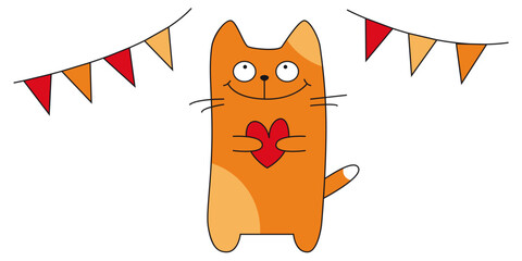 Cute Orange Cat with Heart and Party Flags, Vector