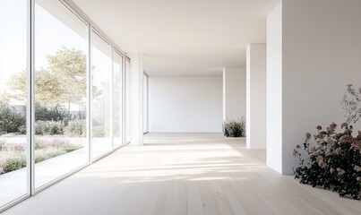 Fototapeta premium Serene Minimalist Interior Design: Sunlit Modern Living Space with Garden View