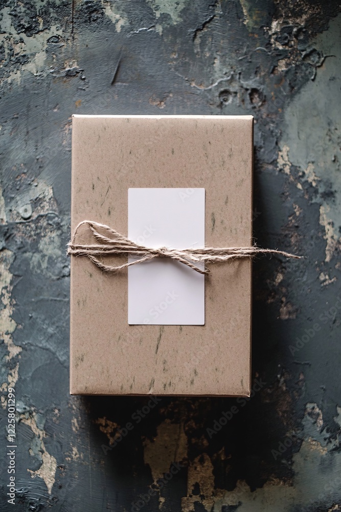 Aufkleber cardboard gift box with blank card tied with string lying on dark background