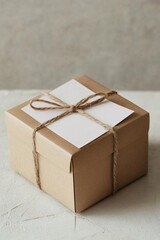 Cardboard gift box tied with string on white background