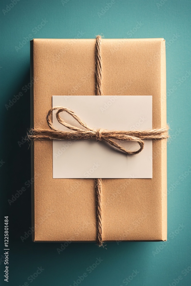 Poster wrapped gift with blank card and string on teal background
