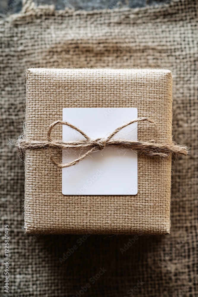 Poster gift box wrapped in brown paper and tied with string sitting on burlap