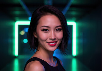 Chinese woman looks over her shoulder with a confident beautiful smile as she stands in a neon green and blue upmarket nightclub corridor