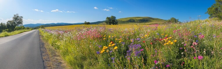 Colorful wildflowers line a peaceful country road, creating a beautiful contrast against the bright blue sky. Spring brings life to the fields with blooming colors and fresh greenery
