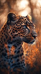 Obraz premium HD Phone Wallpaper Majestic Leopard in Golden Hour Light Wildlife Portrait Big Cat African Savannah