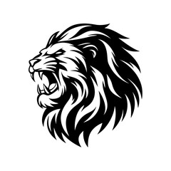 Fototapeta premium Minimalistic Aggressive Lion Head in Profile with Open Mouth and Fangs Logo for Sports Teams