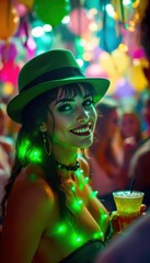 Fototapeta premium Young caucasian female at festive party with green hat and string lights in vibrant atmosphere