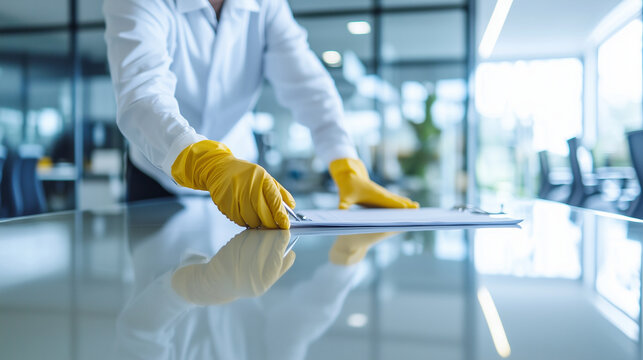 Janitorial Worker Cleaning High Tech Conference Room