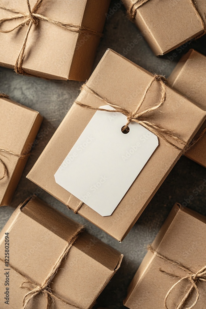 Poster many identical cardboard boxes with blank gift tag lying on table