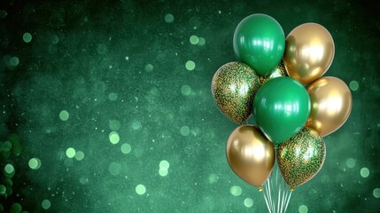 Green and gold balloons on sparkling green background