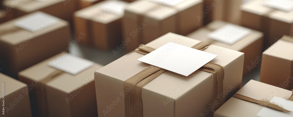 Poster cardboard box with blank label and twine waiting for shipment to client in warehouse
