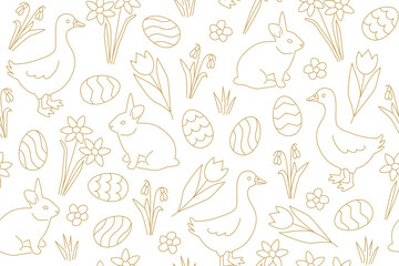 seamless golden Easter pattern with bunnies, geese, spring flowers and eggs- vector illustration