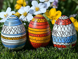 Three handpainted Easter eggs, vibrant  unique designs, rest in spring grass amidst blooming flowers.  Perfect for Easter cards, spring promotions, or festive celebrations.