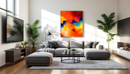 Modern living room with gray sofa and colorful abstract art in bright natural light