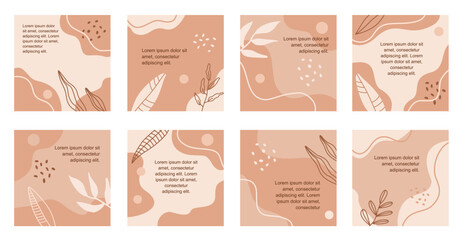 Set of eight stories pastel shades templates with abstract botanical and organic shapes. Universal templates for invitation. Greeting cards, flyers, newsletter, branding design, covers.
