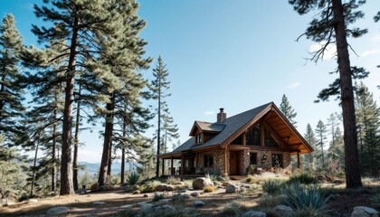 Rustic log cabin in scenic forest setting with tall pine trees and clear blue sky