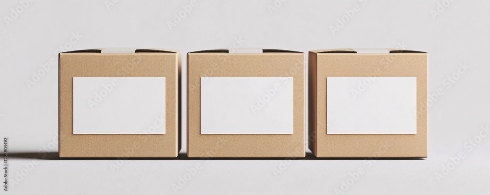 Poster three cardboard boxes with white labels standing in a row