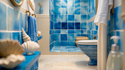 Bathroom toilet in blue tones