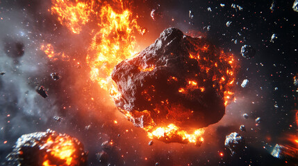 Giant asteroid plummets toward Earth amidst fiery debris in dark space