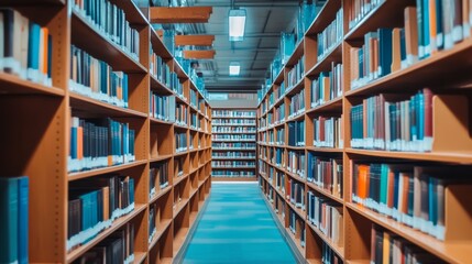 Public library at night with many books on shelves and working desks with lamps. Vector cartoon illustration of large dark room with bookshelves. University literature collection. Archive storage