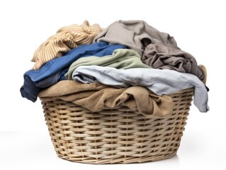 Assorted Clothing Items in a Dirty Laundry Basket on White Background for Chore Concept