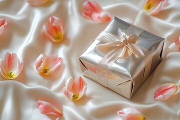A gift wrapped in shiny paper among scattered tulip petals on a smooth, creamy background.