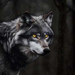 Majestic Gray Wolf with Glowing Eyes in Dark Forest