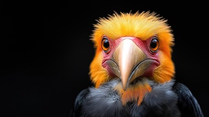 Rufous-headed Hornbill portrait, close-up, dark background, wildlife photography, ideal for nature documentaries