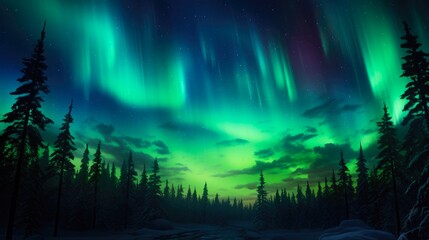 Naklejka premium Aurora Borealis Dancing Over Forest: Abstract Lights in Finland Sky