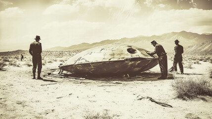 Military personnel investigate crashed UFO in the desert during the 1940s
