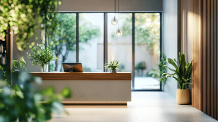 Fototapeta premium Modern reception area with greenery and natural light creating a welcoming atmosphere