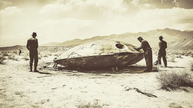 Military personnel investigate crashed UFO in the desert during the 1940s