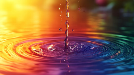 Colorful water drop impact, vibrant ripples, sunlit background, nature photography