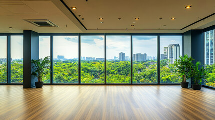 Obraz premium Modern shared office space with panoramic views of green landscape and a calm atmosphere